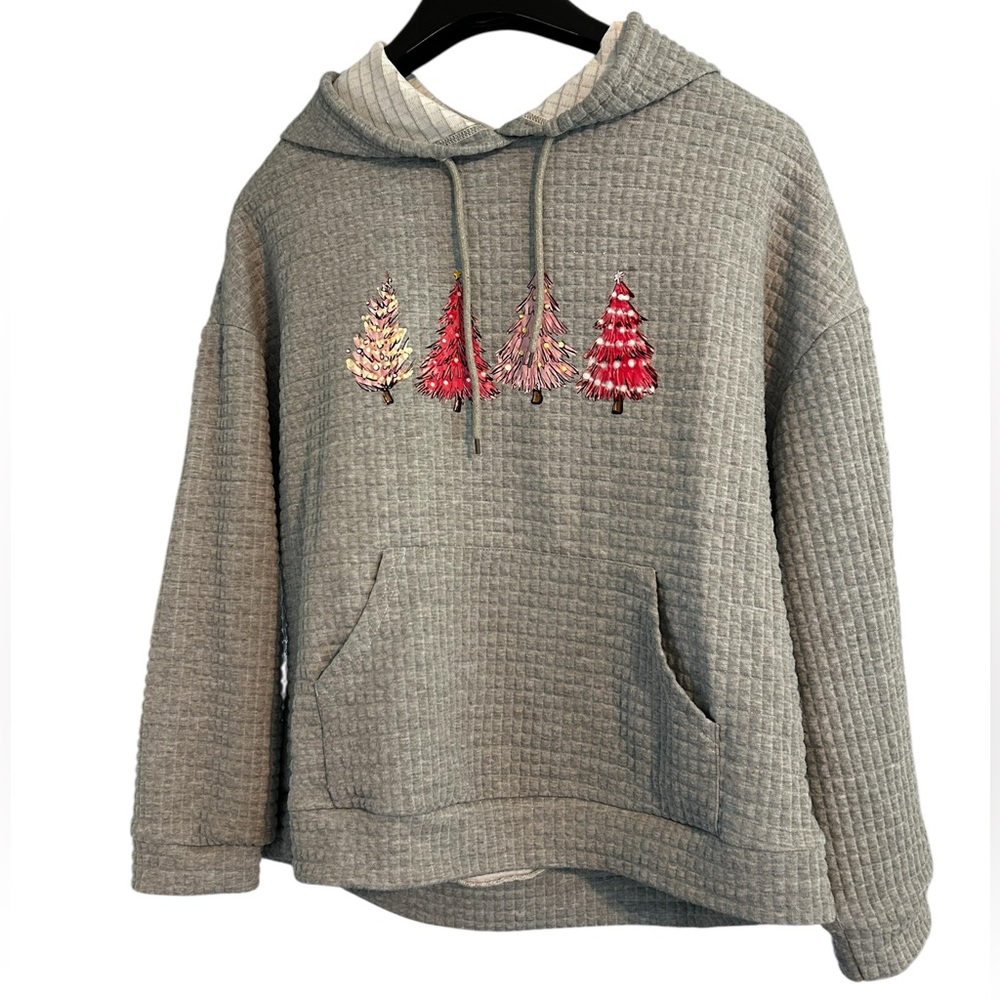 Gray Hooded Sweater with Embroidered Christmas Trees
